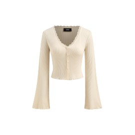 CIDER Women’s Bell Sleeve Tops V Neck Lace Trim Crop Top: Cream, M: Cream, M