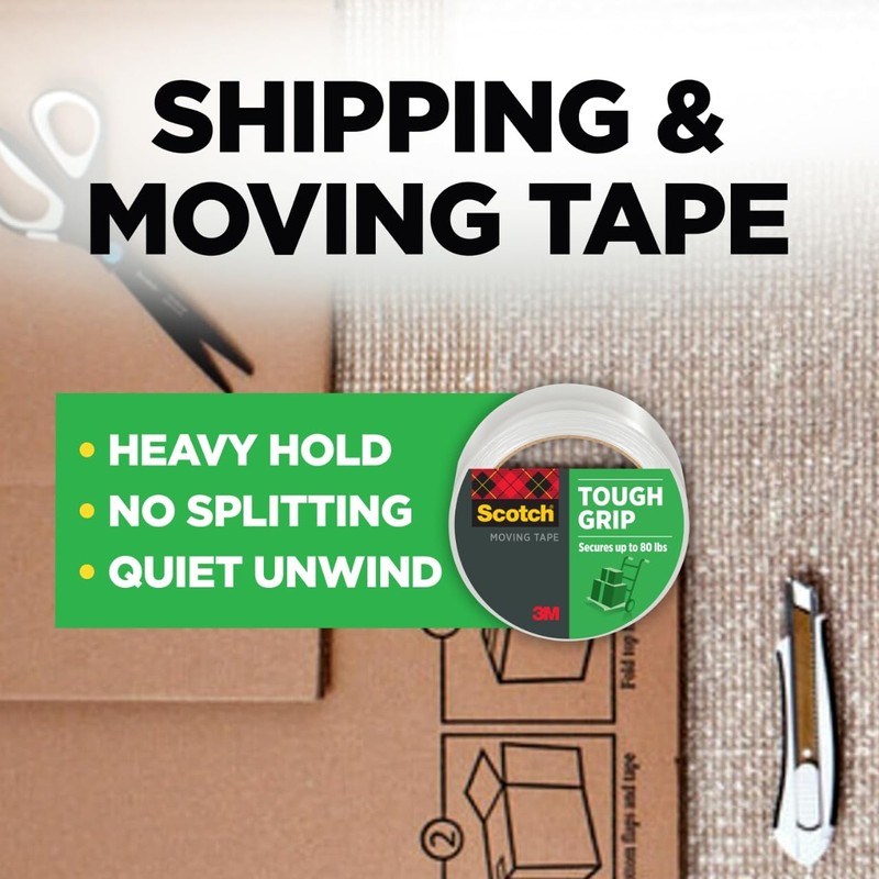Scotch Tough Grip Moving Packing Tape, Clear, Moving Tape That