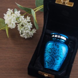 Adera Dreams Small Urn for Human Ashes Keepsake - Set of 1 Blue Forest Mini Cremation Urn - Memorial Ashes Urn with Case, Velvet Pouch and Funnel - Miniature Burial Funeral Urn for Sharing Ash