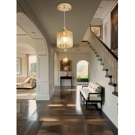 Round Crystal Chandelier Hanging Lighting Ceiling Light Fixture for Dining Room Crystal Pendant Lighting for Bedroom Living Room Closet Gold