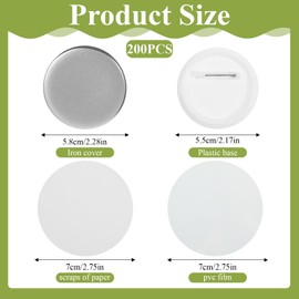 200 Sets Blank Button Maker Supplies 58mm/ 2.25 inch Metal Round Badge Buttons Pin Parts Kit Metal Shells Back Cover and Clear Film DIY Button Making Kit for Button Maker Machine