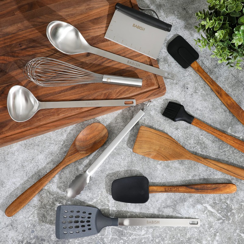 Babish 11 Piece Essential Teak Wood, Silicone, and Stainless Steel