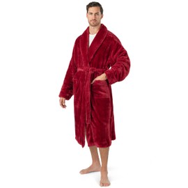 PAVILIA Mens Soft Robe, Plush Fluffy Fleece Bathrobe Men, Long Sherpa Shaggy Fuzzy Spa Bath Robe, Wine, Small-Medium