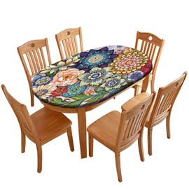 Boho Floral Oval Fitted Tablecloths, Blossom Flowers Elastic Edged Polyester Fitted Table Cover, for Indoor Outdoor Picnic Dining and Spring Holiday Use, Fits Oval 42" W X 60" L Tables, Pink Yellow