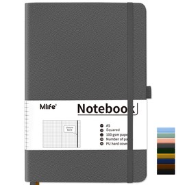 Mlife Squared Notebook A5,Journal Notebooks With 200 Pages,100gsm No Bleed Grid Notebook Pages,PU Hard Cover,Graph Paper Notebook for Graphing Notes Math,Notepad for Women Men School Office-Gray