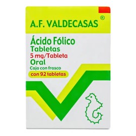 Ácido Fólico 5 mg 92 Tabletas Sin Sabor Valdecasas Suplemento Nutricional                                                                             