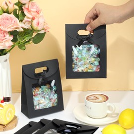 Liobelon 12 Pieces Kraft Paper Gift Bags with Clear Window, Stand Up Gift Bag With Handles Packaging Bag with Bow for Candy Cookies Party Store (black, 6.3 x 4.7 x 2.4inch)