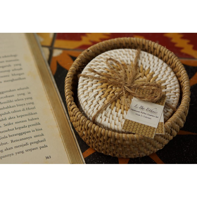 L.Bo Ethnic Handwoven Rattan Coasters Set, 6 Pieces with Holder,