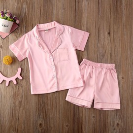 Toddler Baby Kids Satin Summer Pajamas Set Short Sleeve Button-Down Pajamas Top Pants 2Pcs Loungwear Sleepwear Pjs (A Pink, 2-3 Years)