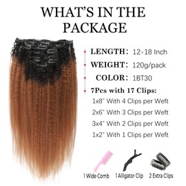 Yuniffe Kinky Straight Clip in Hair Extensions Real Human Hair Ombre Clip in Hair Exntensions Natural Black Fading to Medium Auburn Kinky Straight Clip ins for Women Double Weft 7Pcs 120g 16 Inch