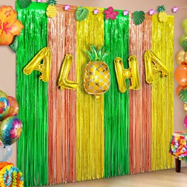 Hawaiian Luau Party Decorations, 3Pcs Hawaiian Backdrop Foil Fringe Curtain Aloha Photo Booth Prop Balloon, 3.3x6.6ft Green Brown Yellow Tinsel Streamer for Pineapple Tropical Summer Beach Party Decor
