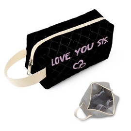 SuoSycorax Love You Sis Printed Quilted Makeup Pouch for Women - Velvety Polyester Cosmetic Organizer w/Triple Compartments, Travel & Makeup Brush Holder -2