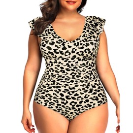 Daci Women Plus Size One Piece Swimsuits Leopard Ruffled V Neck Tummy Control Bathing Suits Leopard 18 Plus