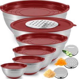 Priority Chef 6Pc Large Mixing Bowls With Lids Set with Non-Slip Bases, Stainless Steel Mixing Bowl Set, 6 Airtight Lids and 3 Graters, Red