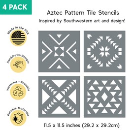 Aztec Tile Stencils - Set of Four 11.5 Inch Reusable Stencils in Modern Aztec Pattern - Use on Floors or Walls, Update Furniture or Create Artwork