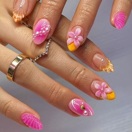 Summer Press On Nails Medium Almond Fake Nails French Tip Acrylic Nails Press Ons Full Cover False Nails with Flower Pearl Designs Glossy Glue On Nail Shell Stick On Nail for Women 24Pcs