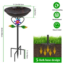 MeyRolizn Vintage Metal Bird Bath for Outside, Standing Bird Feerder with Sunflower Love Decoration, Detachable Birdbaths Bowl for Outdoor Yard Lawn Garden Decor (A-Brown)