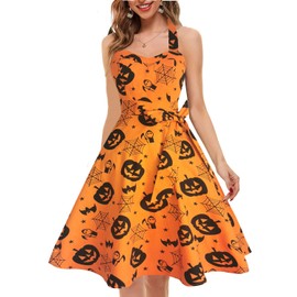 Topdress Women's Vintage Polka Audrey Dress 1950s Halter Retro Cocktail Dress Pumpkin S
