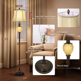 Vintage Floor Lamp with Nightlight, 64" Tall Lamp with Beige Faux Silk Shade, Rotary Switch, Farmhouse Design Brown Standing Lamp for Living Room Bedroom Office Dining Room Corner (LED Bulb Included)