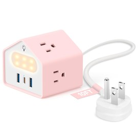 Lovely-Pink Power Strip with Night Light - Kawaii USB C Power Strip Desk Accessories - 4 Outlets 3 USB Ports - Dinky Surge Protector Plug Extender for Home, Office, Dorm, Travel, Hotel, Women, Girls