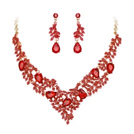 Ever Faith Women's Wedding Jewelry Sets Red Rhinestone Crystal Floral Leaf Vine Teardrop Necklace Dangle Drop Earrings Set for Brides Bridal Gold-Tone
