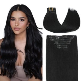 VINBAO Clip in Hair Extensions Real Human Hair 18inch 160g 7pcs Jet Black Hair Extensions Clip ins for Women, Thick Silky Straight Invisible Human Hair Extensions Clip in (#7C1, 18'')