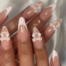 SXVME Pink French Tip False Nails Almond Shaped Medium French Press on Nails with 3D Bows Design Full Cover Fake Nails Artificial Acrylic Stick on Nail for Women Manicure 24 Pcs