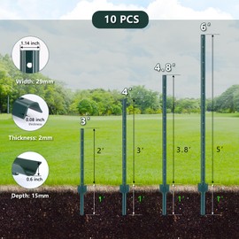 Gtongoko 3 Feet Sturdy Duty Metal Fence Post, Pack of 10, U Post for Fencing Green Fence Posts for Garden Yard and Outdoor Wire
