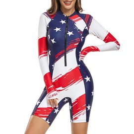 Century Star Long Sleeve Rash Guard for Women One Piece Swimsuits Modest Full Coverage Wetsuits Boyleg Surfing Bathing Suits, American Flag, X-Large