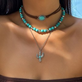 Turquoise Jewelry Boho Western Necklace for Women Ethnic Turquoise Lariat Y Necklace Vintage Western Jewelry Country Concert Outfits for Women