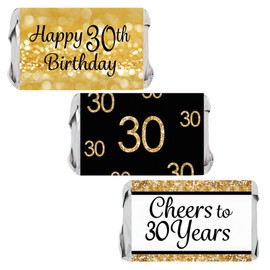Black and Gold 30th Birthday Party Mini Candy Bar Wrappers - 45 Stickers