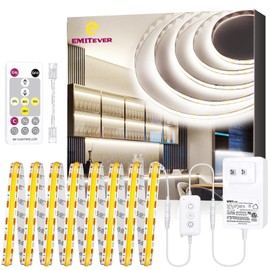 EMITEVER COB LED Strip Lights Kit Neutral White with Remote & 24V Power Supply,16.4ft Dimmable Tape Light 4000K, High Density 2400LEDs, 300+LM/FT,CRI90+, UL Listed for Bedroom Kitchen Cabinet Lighting