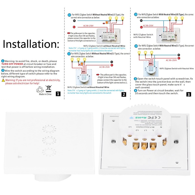 Smart Switch Wireless WiFi Remote Control Touch Power Distribution 2200W