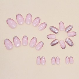 JUSTOTRY 24 Pcs Glitter Rose Almond Short False Nails,Pink Press on Nails French Tip Pattern,Pretty Fake Nails Short,Oval Medium Stick on Nails for Women and Teens Nails Art