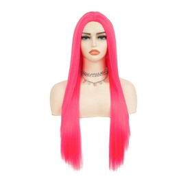 Salaibs Long Hot Pink Straight Wigs for Women Rose Red Pink Milddle Part Natural Wig for Cosplay Party