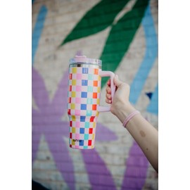 KATYDID 38oz Stainless Steel Tumbler with Handle and Straw - Dishwasher Safe Insulated Tumbler for All-Day Hot or Cold Coffee, Water, Tea, Smoothies and More (Multicolored Checkered)