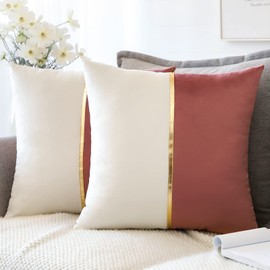 Artscope Jam White Velvet Cushion Covers with Gold Leather Patchwork Luxury Modern Minimalist Square Pillowcase Throw Pillow Covers for Living Room Bed Couch Sofa 45x45cm Set of 2