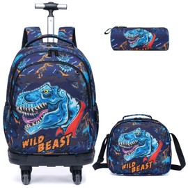 Egchescebo Kids Rolling Backpack for Boys Dinosaur Suitcases Trolley Roller Luggage Backpacks with 360° Rotating Wheels 15" Laptop Lunch Box Pencil Case for Elementary 18” Travel School Bag Blue