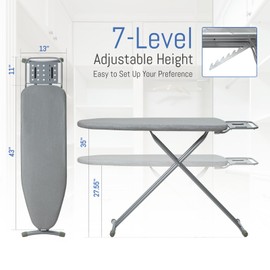 Ironing Board Full Size, BlissBoard 43"x13" Sturdy Heavy Duty Iron Board with Iron Rest, Heat Resistant Cover with Ultra Thick Padding, Height Adjustable, Silver
