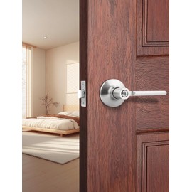 Mengico 5 Pack Privacy Door Handle, Satin Nickel Interior Door Knobs for Bed & Bath, Modern Keyless Door Lever Lock Reversible for Right & Left Sided