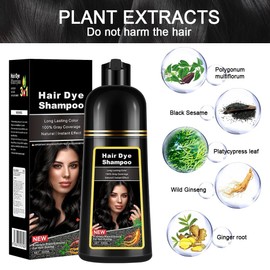 Natural Black Hair Colour Shampoo 500 ml, 3-in-1 Hair Dye Shampoo, Black Hair Care & Dyeing for Men Women Colours in 10-15 Minutes (Natural Black)