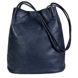 Mabel London Women's Fashion Designer Medium Size Plain Soft Vegan Leather Hobo Bucket Tote Shoulder Bag - Delilah (Navy)