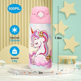 Ntswasd Children's Stainless Steel Drinking Bottle, Straw, Thermos Flask, 500 ml, BPA-Free, Leak-Proof Thermal Water Bottle for School, Nursery (Unicorn)