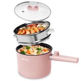 Topwit Hot Pot Electric with Steamer, 1.5L Ramen Cooker, Non-Stick Sauté Pan, Portable Cooking Pot, Electric Cooker with Dual Power Control, BPA Free, Over-Heating & Boil Dry Protection, Pink