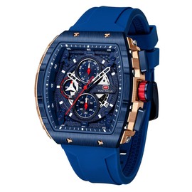 YUNSML Mens Watches Fashion Sport Luxury Tonneau Watches for Men Chronograph Waterproof Dress Business Work Watch Large Square Face Analog Luminous Calendar Men Wrist Watch Blue Silicone Strap