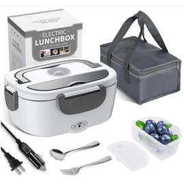 Electric Lunch Box Food Heater, 3 in 1 Ultra Quick Heated Lunch Boxes for Adults, 12V/24V/110V Portable Food Warmer for Car/Truck/Office With Fork Spoon and Insulated Carry Bag (White)