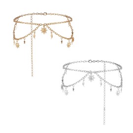 Pack of 2 Metal Rhinestone Waist Chain Belt Chain Belt Silver Moon Star Waist Chain Made of Metal Boho Belly Chain Belt Women's Decorated Metal Link Belt Thin Waistband Chain for Dresses Jeans, Alloy
