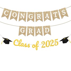 2025 Graduation Banner,Congrats Grad and Class of 2025 Cap Banner Set White Gold Black Glitter Grad Decorations for Senior 2025 Party, Graduation Sign Party Backdrop Supplies