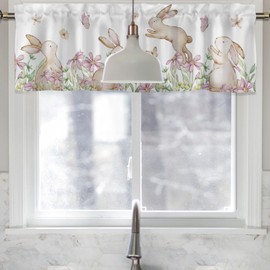 HawSkgFub Easter Spring Bunny Flower Kitchen Curtain Valance 54 x 18 Pink, Seasonal Rabbit Short Topper Curtains Window Treatments Rod Pocket, Holiday Butterfly Home Living Room Bedroom Bathroom Decor