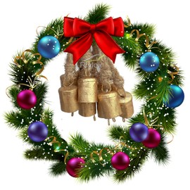 Riylox Cow Bell with Jute Hanging Rope Handcrafted Christmas Decor Bells Set of 12 Small Vintage Rustic Lucky Tin Metal Cylinder Shape Bells Versatile Hanging Option Occasion (Golden)